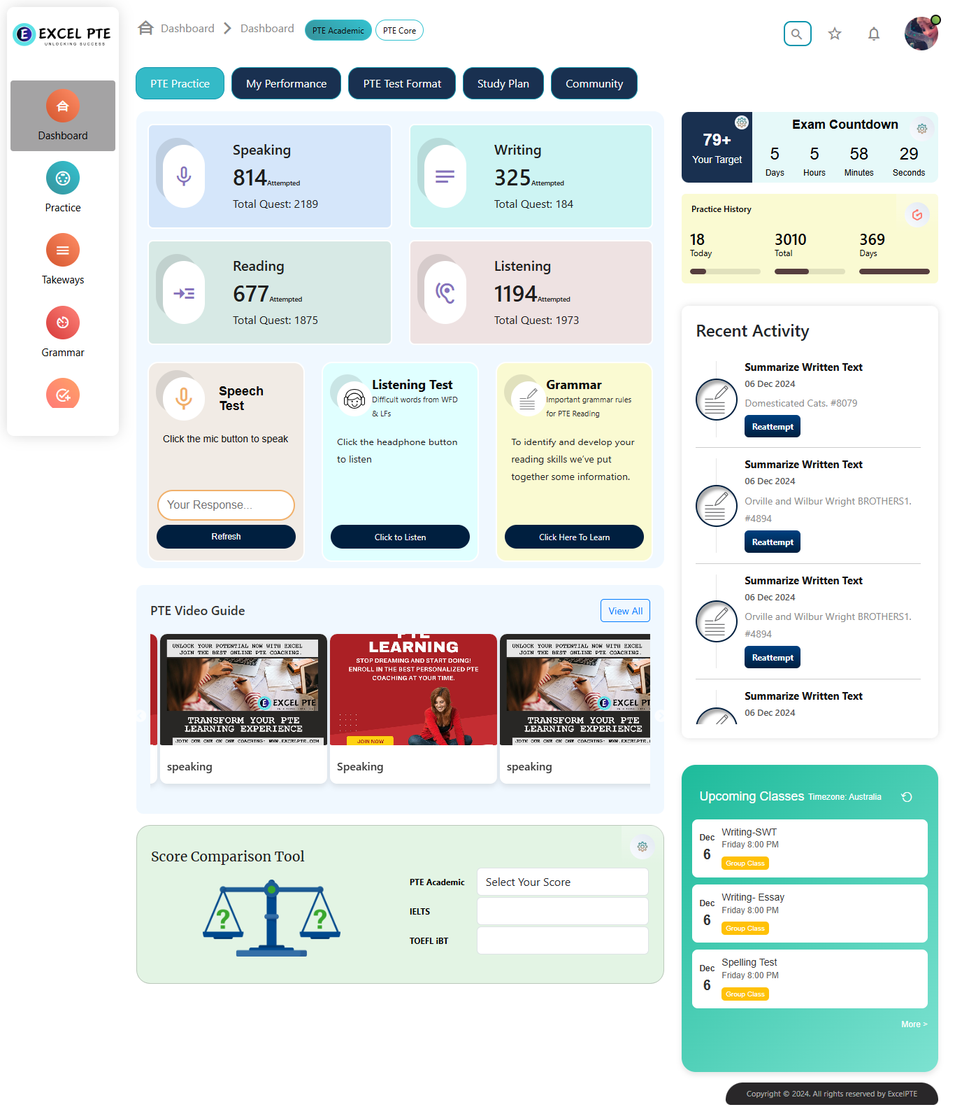 PTE mock test online dashboard
